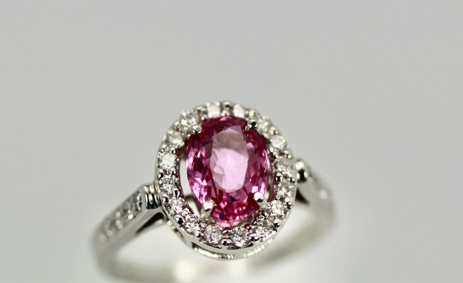 Pink Sapphire and Diamond Ring – close up