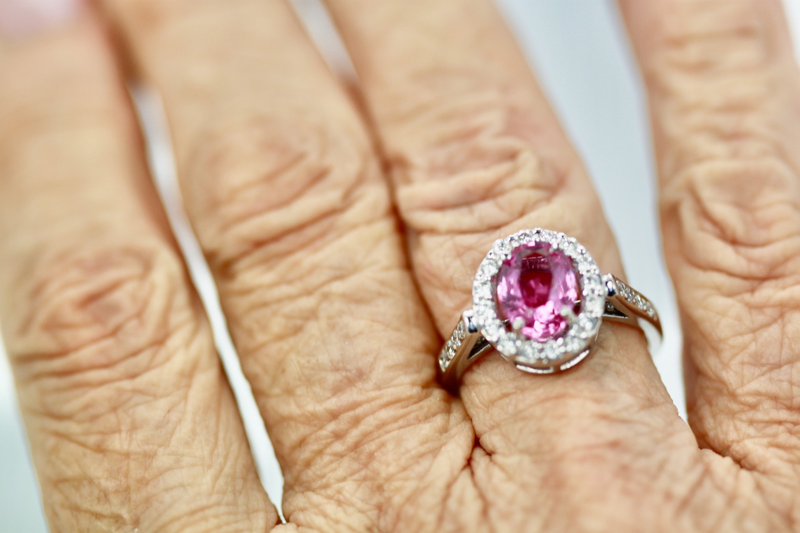 Pink Sapphire and Diamond Ring – on finger