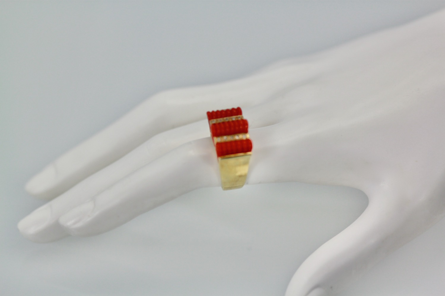 Fluted Coral Diamond Ring 14K Gold – on model