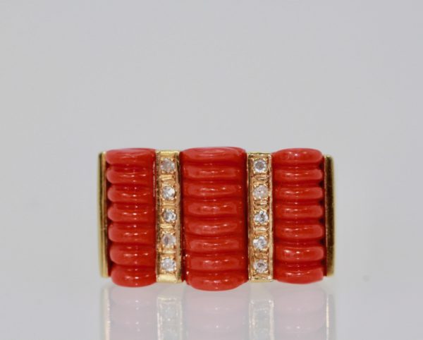 Fluted Coral Diamond Ring 14K Gold 2