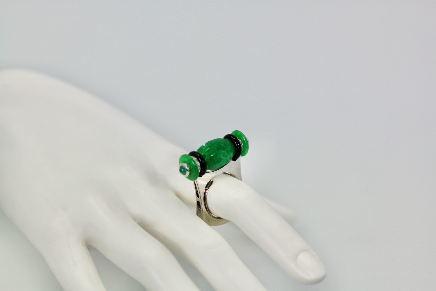 Carved Jade Onyx Cabochon Emerald Ring – on model 3