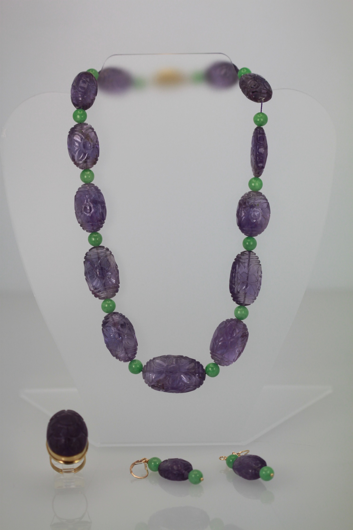 Carved Amethyst Jade Earrings – with ring and necklace