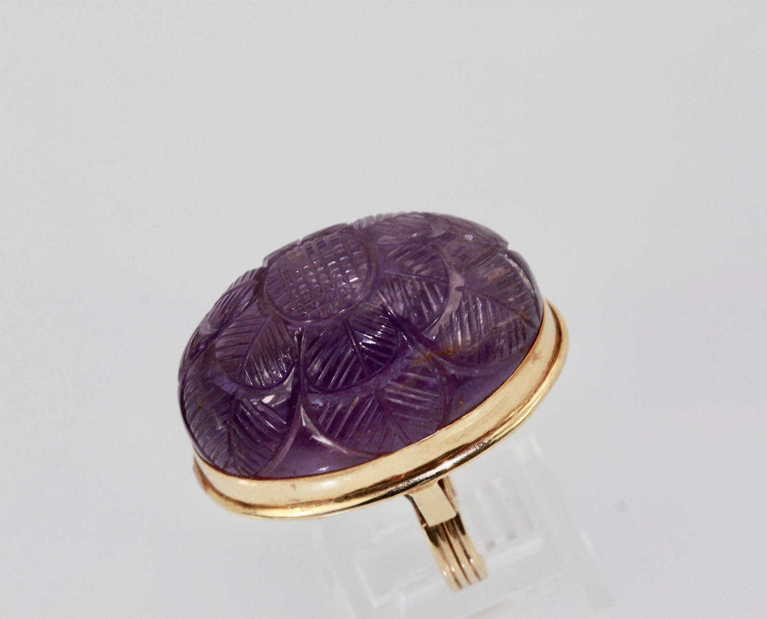 Huge Carved Amethyst Gold Ring – side view