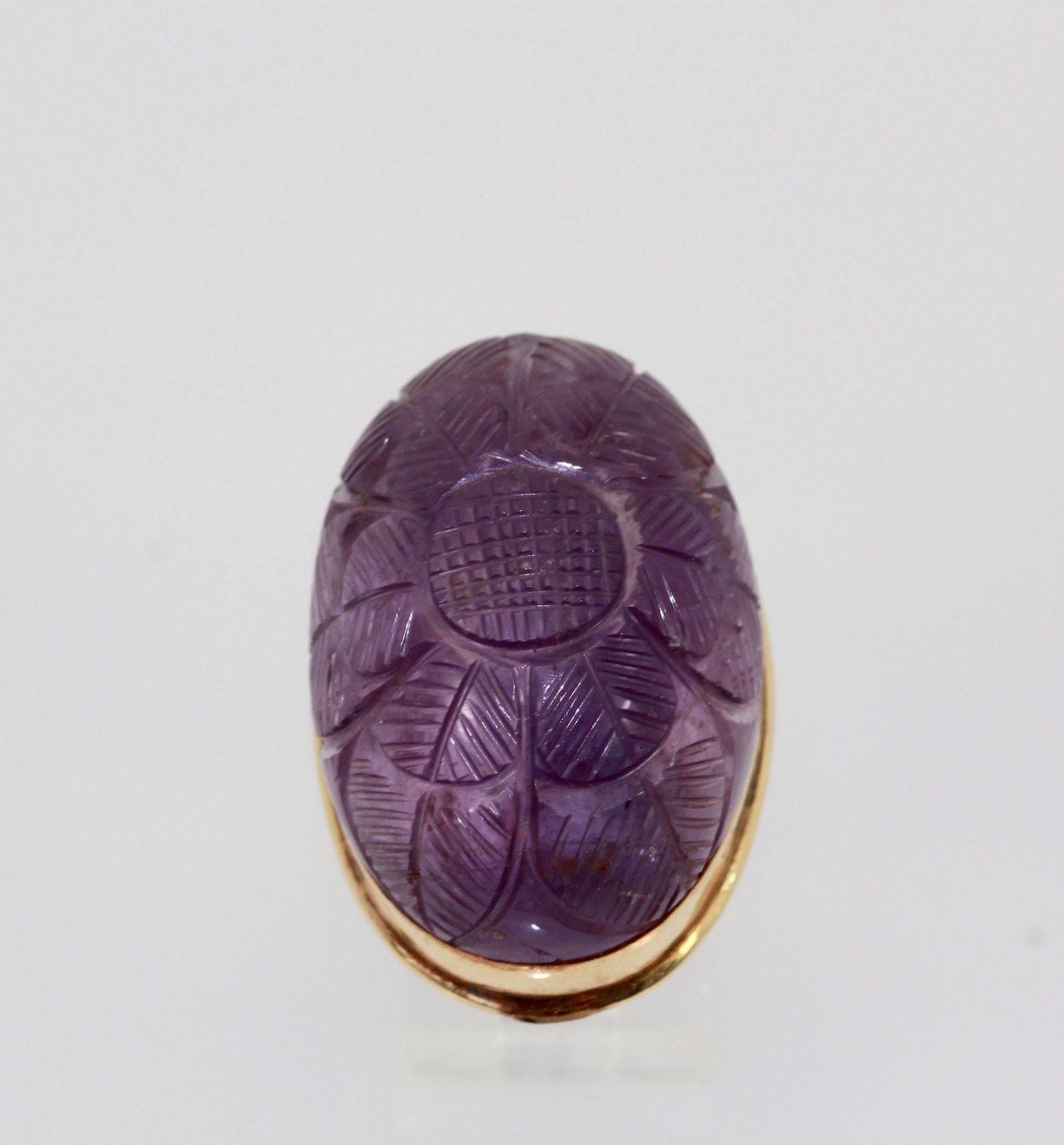 Huge Carved Amethyst Gold Ring – close up