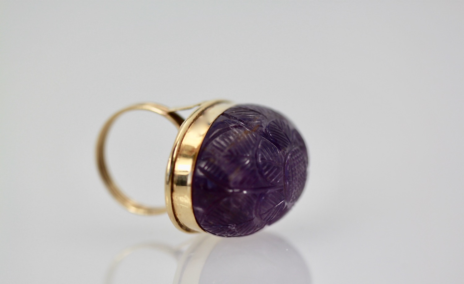 Huge Carved Amethyst Gold Ring – angle
