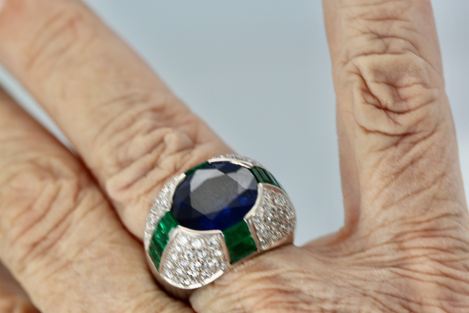 Bulgari Trombino Sapphire Emerald Diamond Ring – on finger