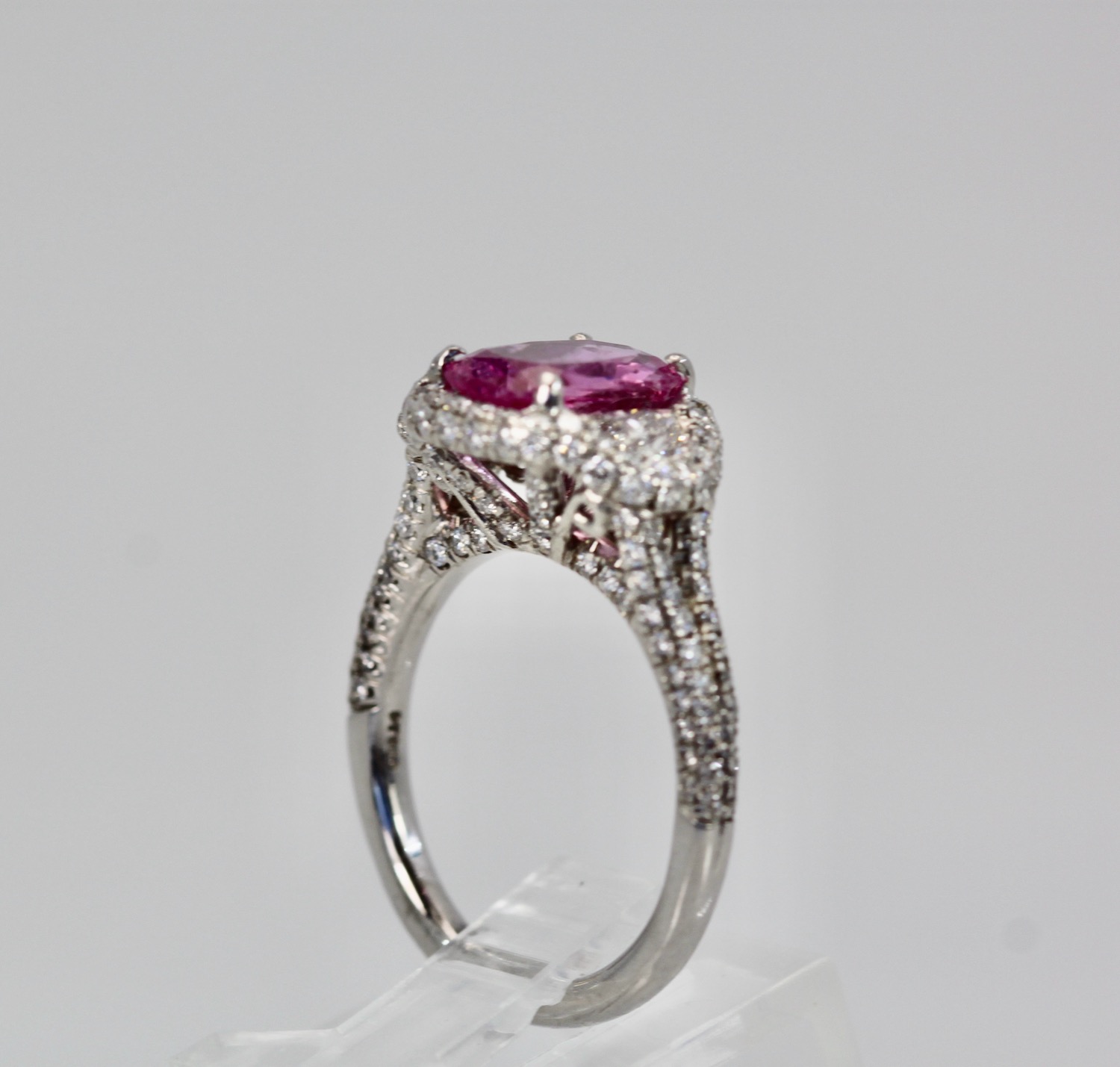 Pink Sapphire diamond ring – angle on stand