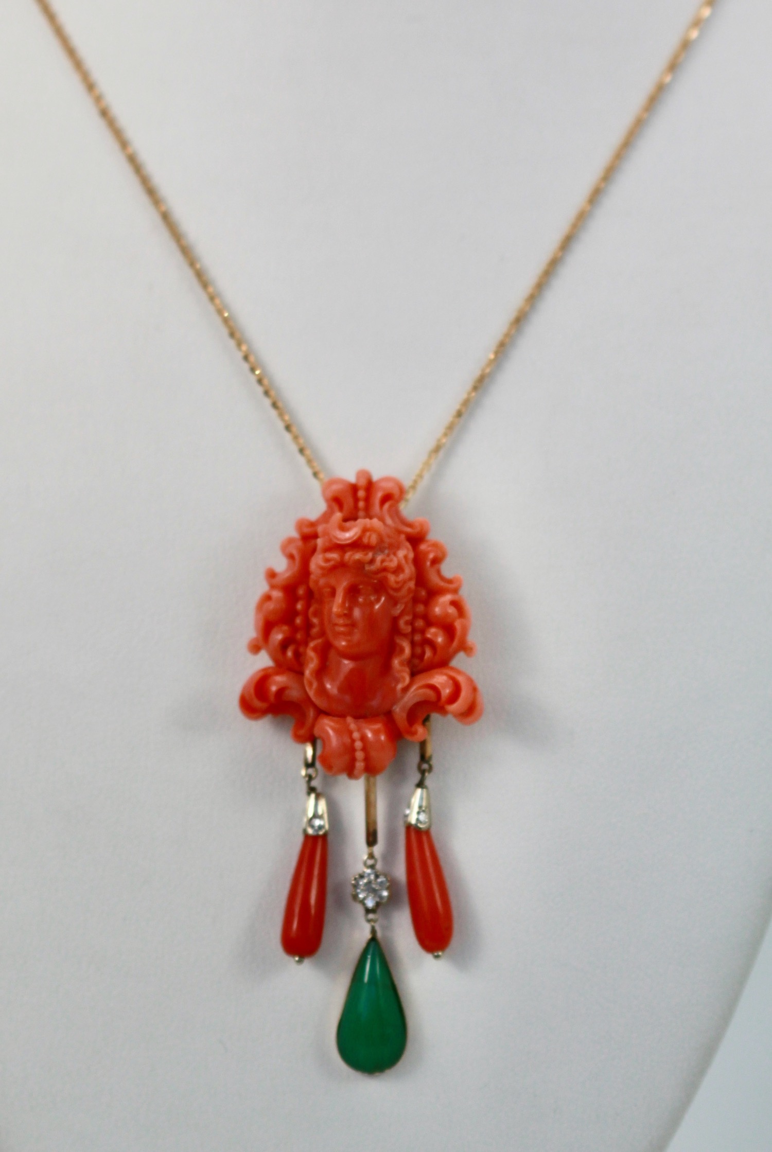 Carved Coral Brooch Pendant w/ Coral drops and Crystophase drop