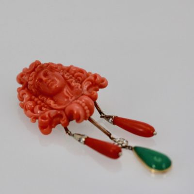 Carved Coral Brooch Pendant w/ Coral drops and Crystophase drop