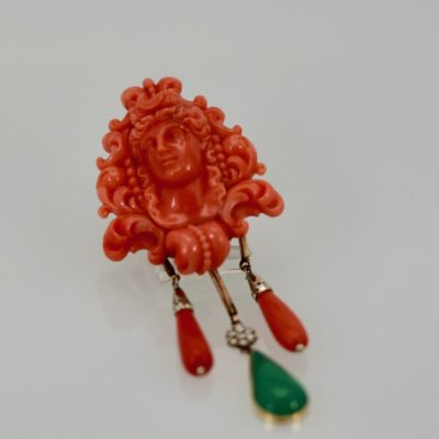 Carved Coral Brooch Pendant w/ Coral drops and Crystophase drop