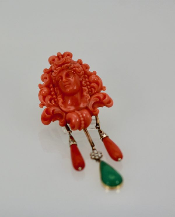 Carved Coral Brooch Pendant w/ Coral drops and Crystophase drop