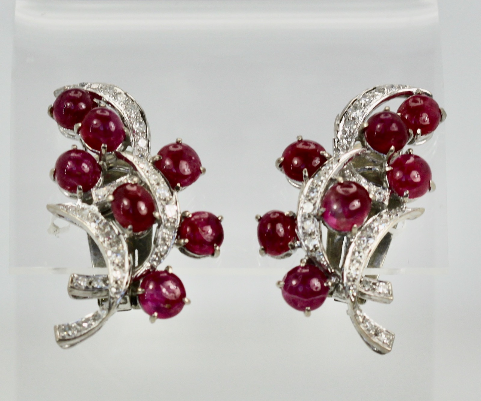Cabochon Ruby and Diamond Earrings in 18K White Gold | World's Best
