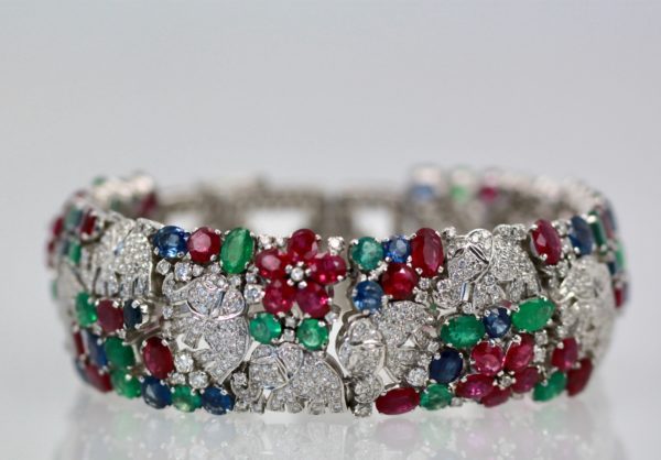 Art Deco wide Diamond Bracelet Sapphires, Rubies, Emeralds, Diamonds