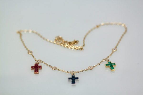 Three Crosses set with Diamonds, Ruby, Sapphire, Emerald 18K