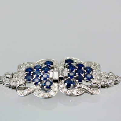 Art Deco Platinum Diamond Sapphire Clip Brooches