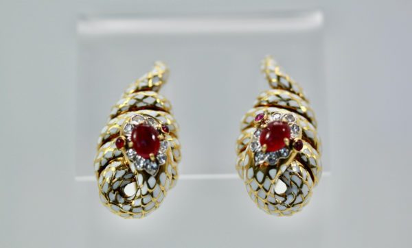 David Webb Enamel Ruby Diamond Snake Serpenti Earrings