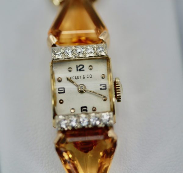 Retro Tiffany 14K Gold Citrine Diamond Ladies Watch