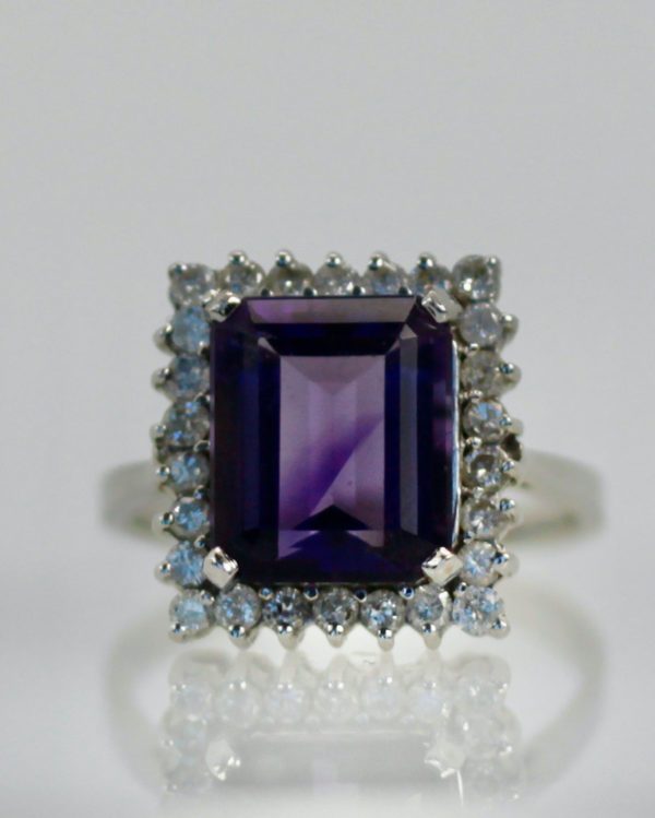 Amethyst Ring 14K Diamond surround Deep Purple 7 Carats