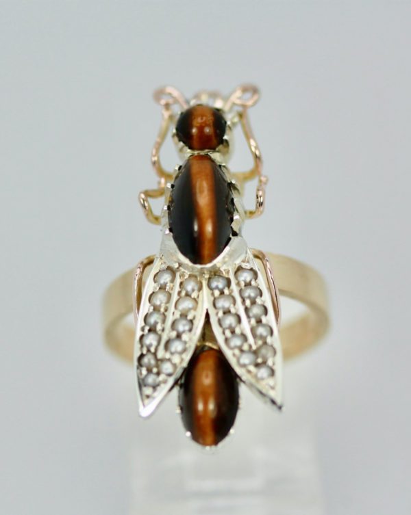 Tigers Eye Seed Pearl Insect Ring