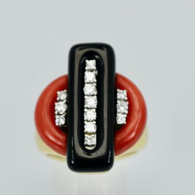 Deco Coral Onyx Diamond Ring 18K