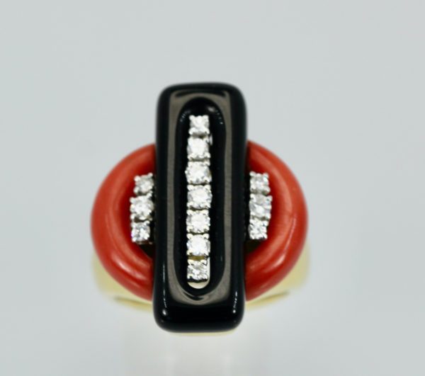 Deco Coral Onyx Diamond Ring 18K