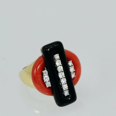 Deco Coral Onyx Diamond Ring 18K