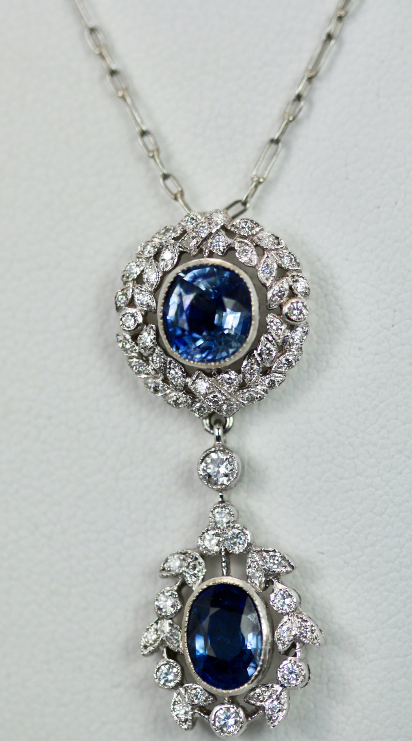 VINTAGE STYLE SAPPHIRE DIAMOND PENDANT ART DECO 18 INCH NECKLACE ROUND CUT  BLUE