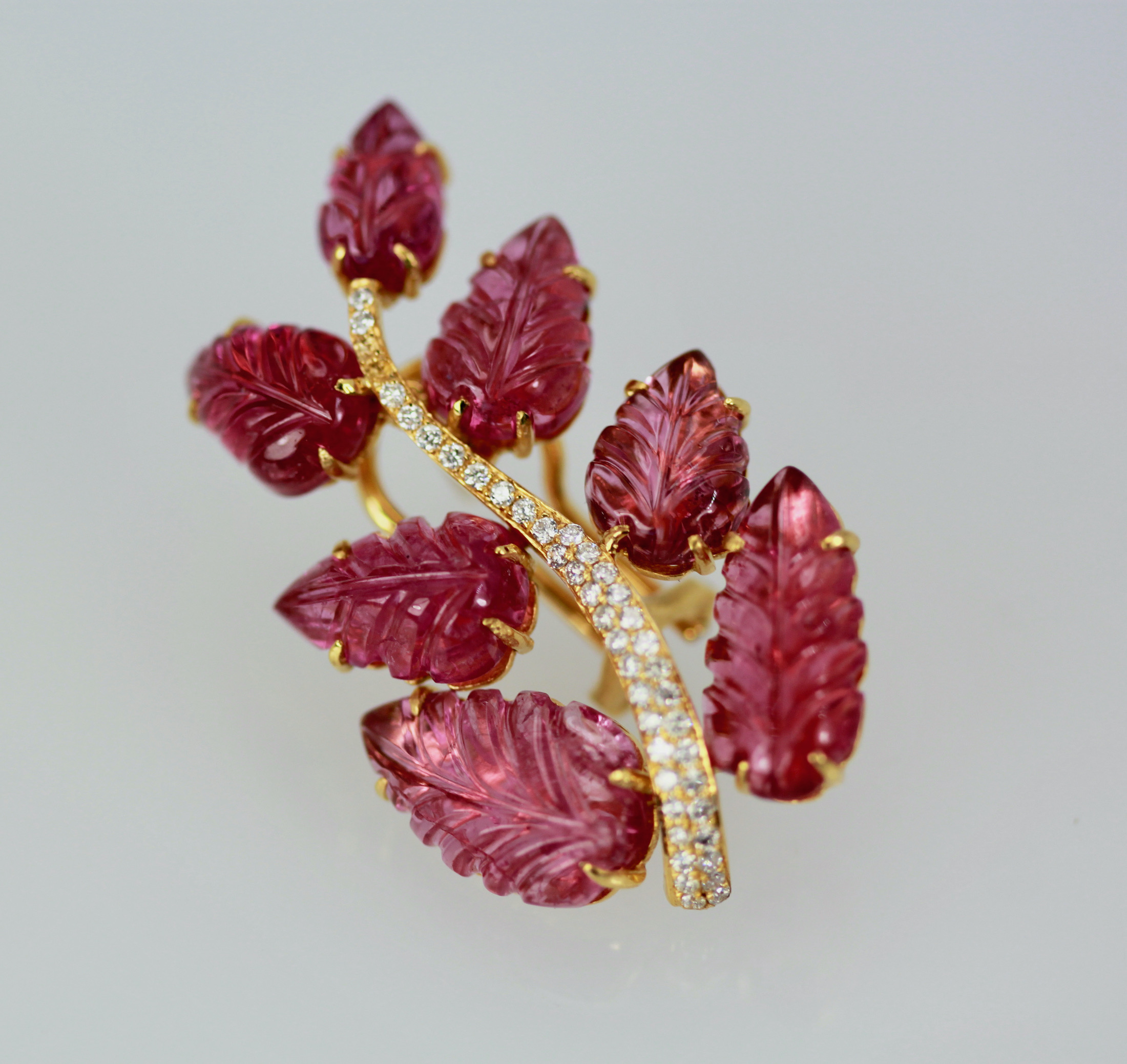 Rubellite Carved Leaf earrings 14K