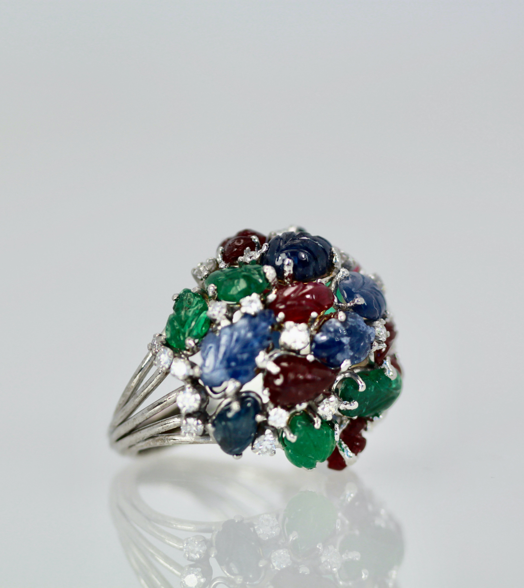 Huge Tutti Frutti 18K Ring, Emeralds, Rubies, Sapphires and Diamonds