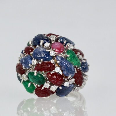 Huge Tutti Frutti 18K Ring, Emeralds, Rubies, Sapphires and Diamonds