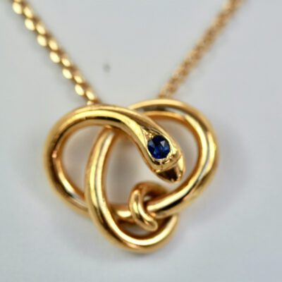 Vintage 14K Yellow Gold Snake w/ Sapphire Head Pendant/Necklace