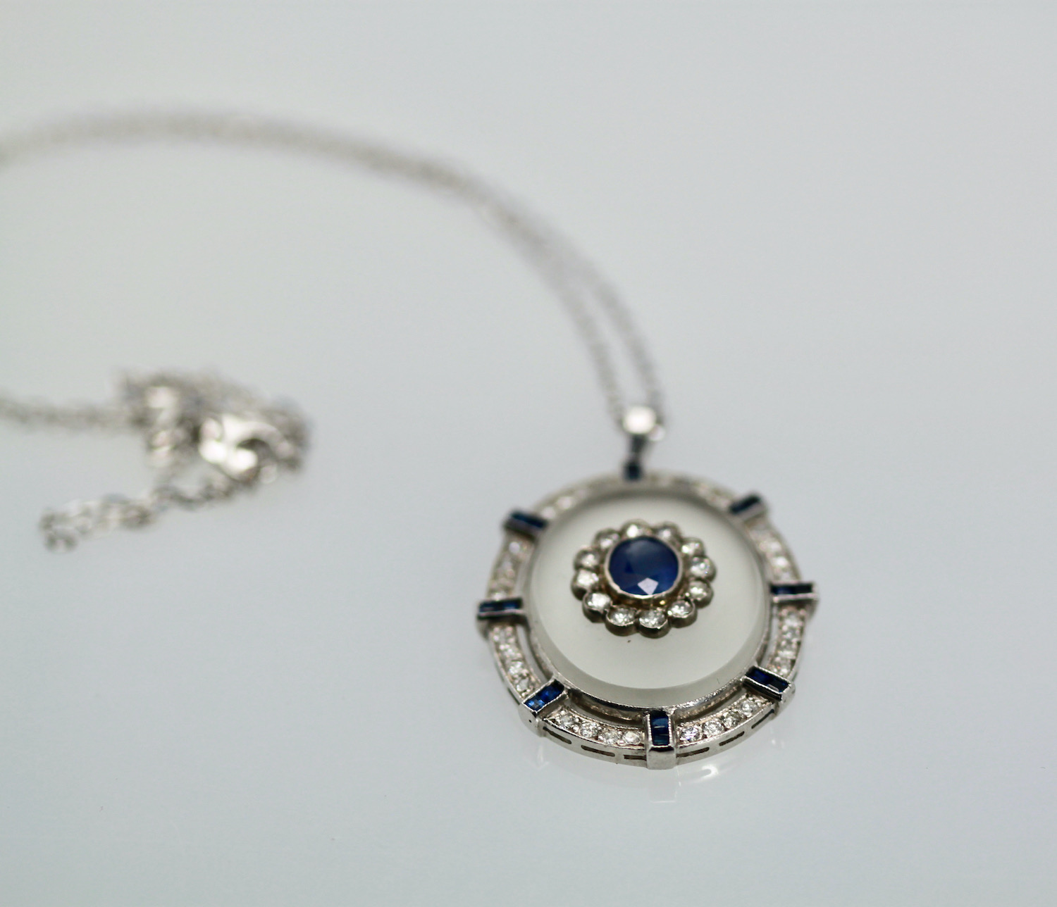 Rock Crystal Pendant Sapphire Diamonds 18K