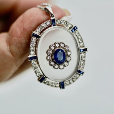 Rock Crystal Pendant Sapphire Diamonds 18K