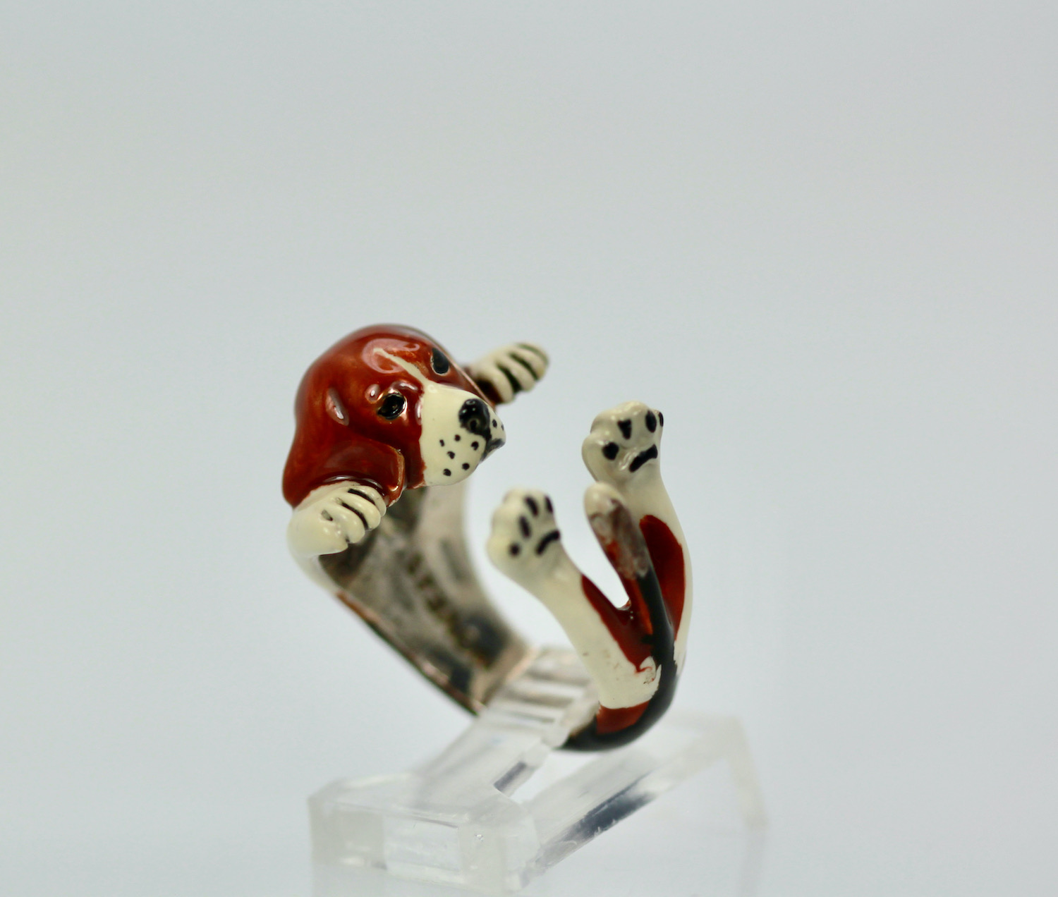 Enamel on Silver Ceramic Beagle Dog ring