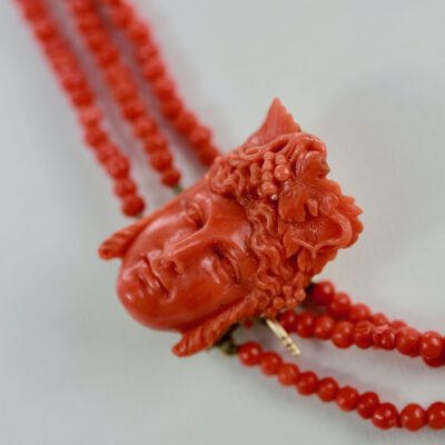 Antique 14K Coral Necklace with Carved Bacchus head