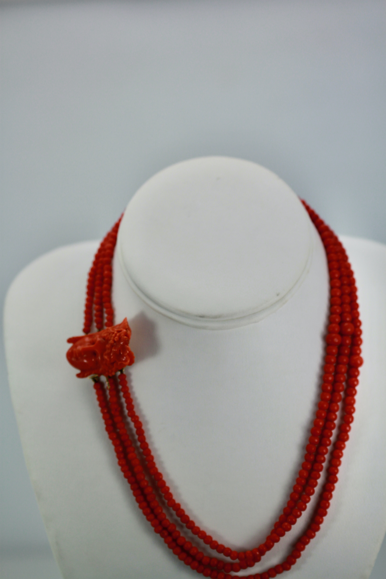 Antique 14K Coral Necklace with Carved Bacchus head