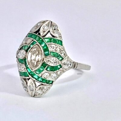 Deco Emerald Diamond Shuttle Ring 18K