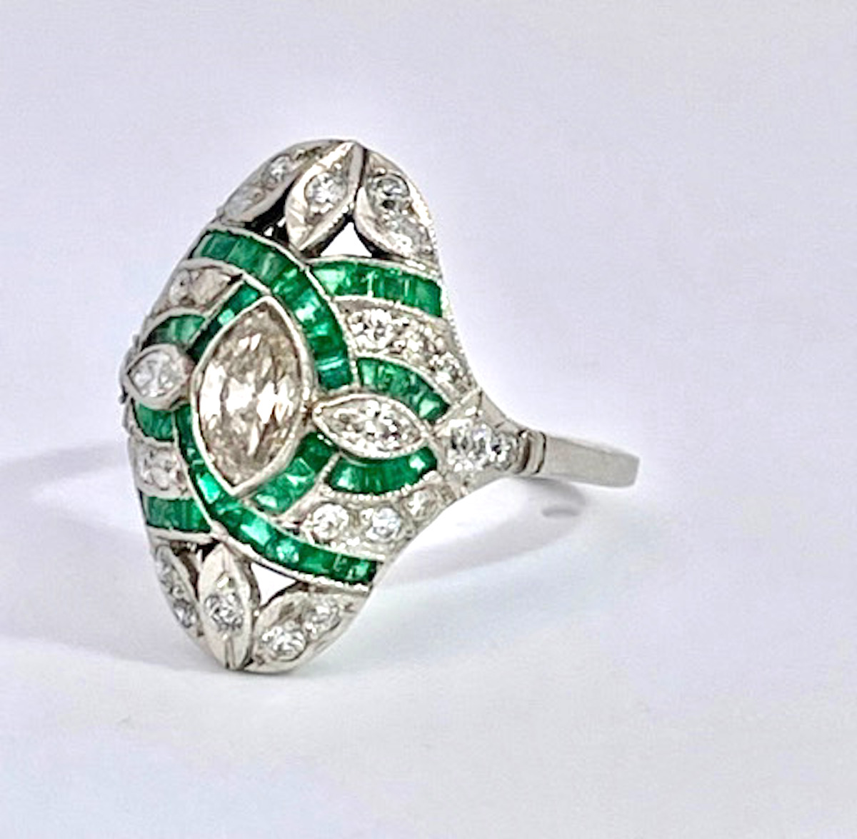 Deco Emerald Diamond Shuttle Ring 18K