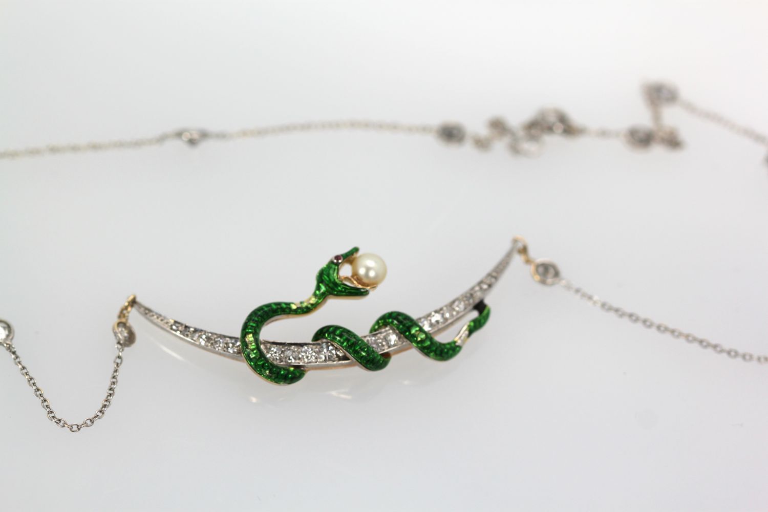 Antique Diamond Crescent Enamel Snake with Pearl on Diamond Chain