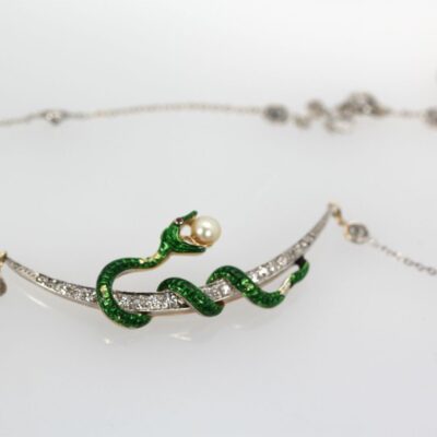 Antique Diamond Crescent Enamel Snake with Pearl on Diamond Chain