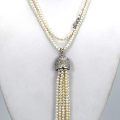 Seed Pearl Necklace with 4 1/2" Pearl Tassel 18K WG2"L