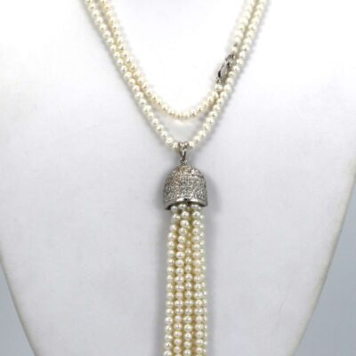 Seed Pearl Necklace with 4 1/2″ Pearl Tassel 18K WG2″L