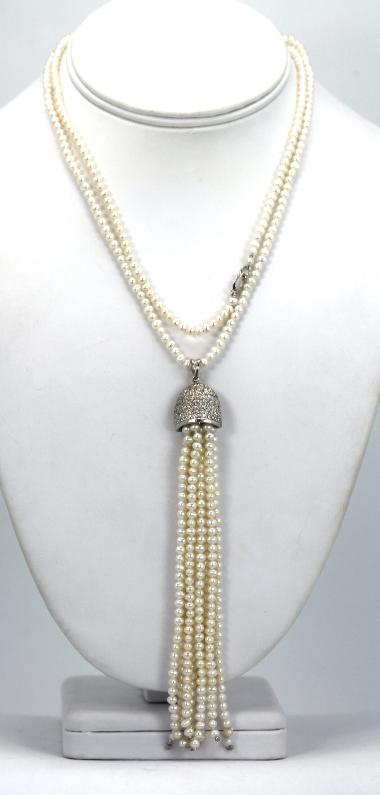 Seed Pearl Necklace with 4 1/2″ Pearl Tassel 18K WG2″L