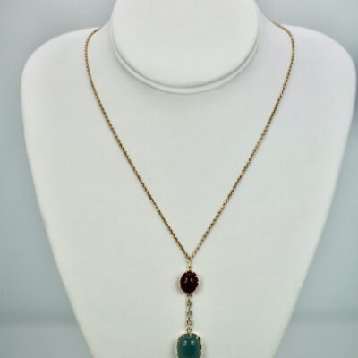 Aquamarine Cab Lariat Necklace 15.40 TCW Gold Chain w/ Ruby Cabochon 14K