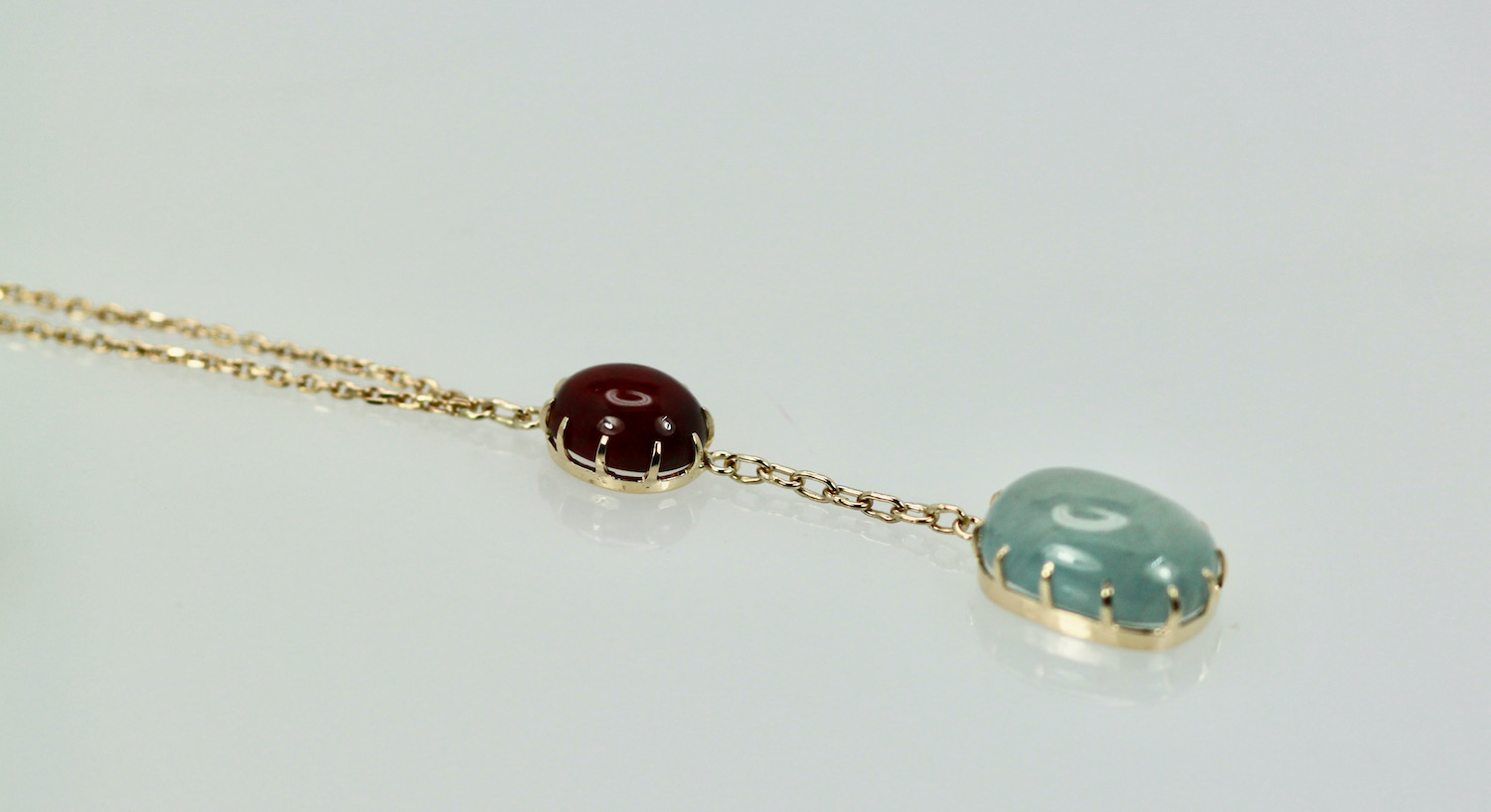 Aquamarine Cab Lariat Necklace 15.40 TCW Gold Chain w/ Ruby Cabochon 14K