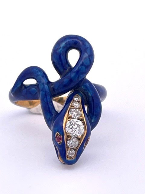 Cobalt Blue Diamond Head Snake Ring 18K