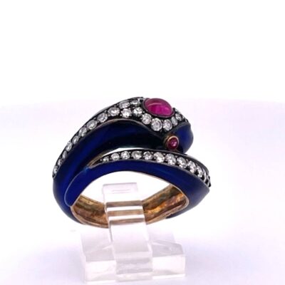 18K Snake Ring Cobalt Blue Rubies Diamonds