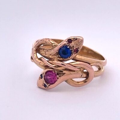 Double Snake Ring Blue Pink Sapphire Head 14K