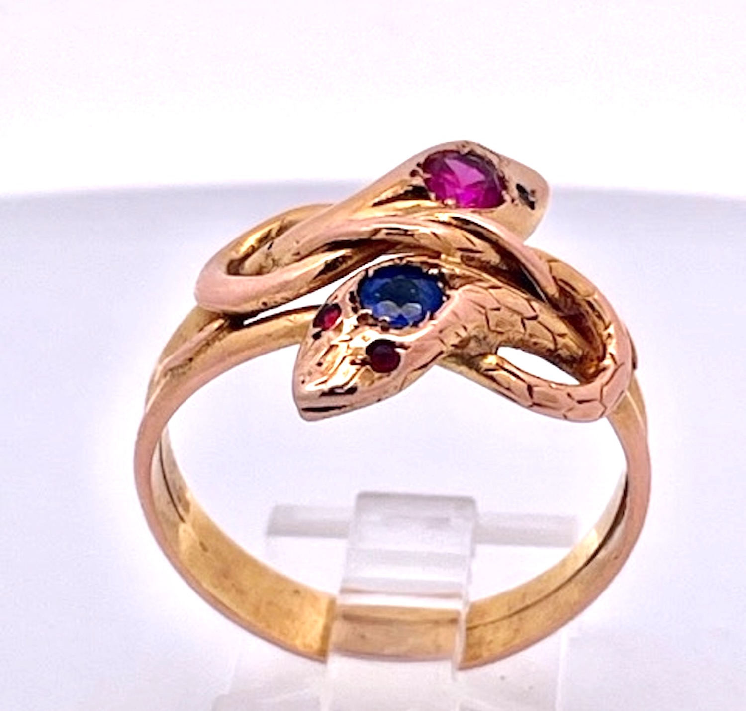 Double Snake Ring Blue Pink Sapphire Head 14K