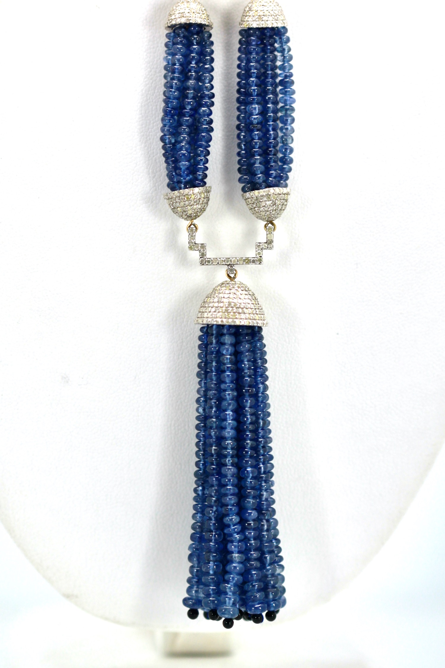 Lot - Three strand graduated faceted natural raw blueberry sapphire? bead  necklace with 14K gold & diamond clasp. 21